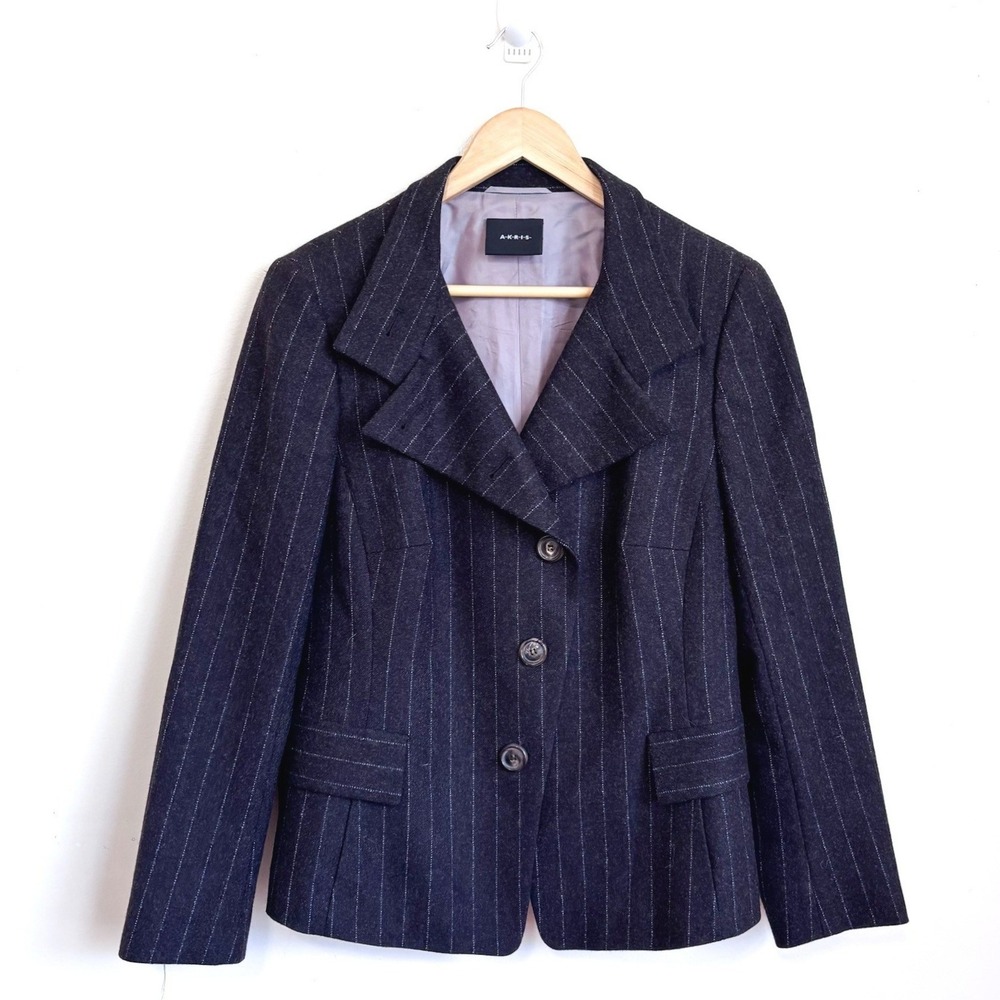 Akris Womens Pinstripe Wool Blazer Jacket 12 Brown Luxury Boxy Crop Old Money